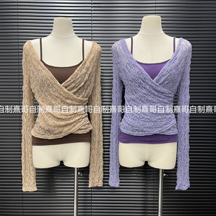 纯欲辣妹v领镂空蕾丝微透长袖 小上衣服 t恤女早秋穿搭绝美巨好看