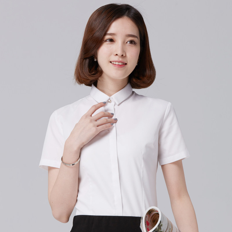 新款女士短袖衬衫白色无纹韩版商务钻扣小领休闲防走光职业装上衣
