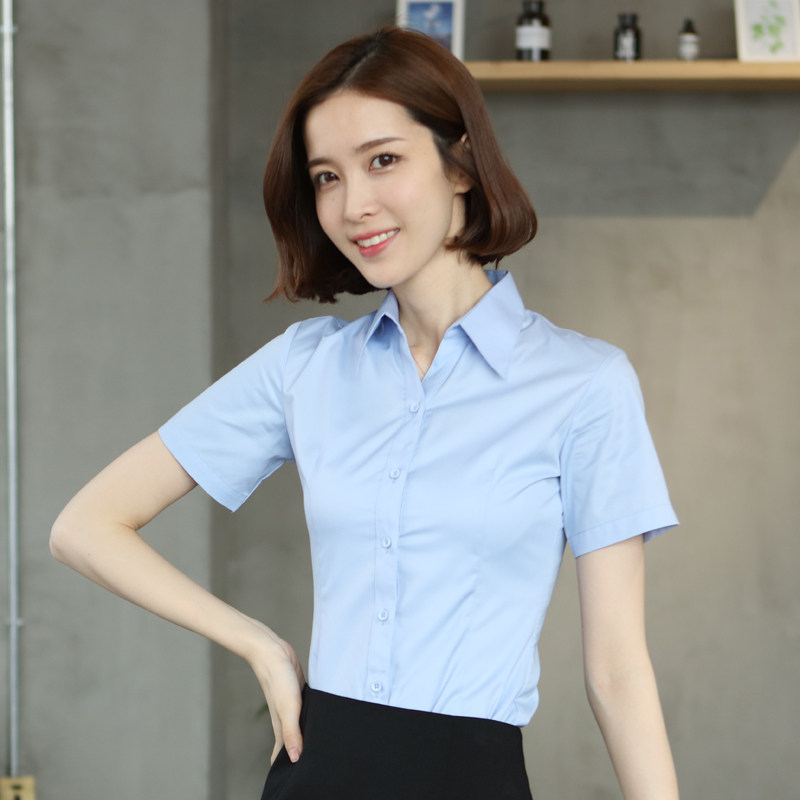 女士夏季平纹白色V领短袖衬衫纯色休闲韩版修身通勤商务正装