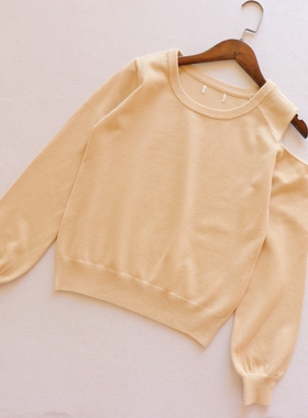 小贵牌Fa家洋气蓝灰色一侧露肩设计宫廷袖秋冬季针织毛衣