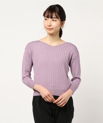 12Twelve Age*日系淡紫色前后V领竖条纹针织衫 通勤百搭长袖上衣