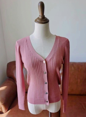 日单LY家V领修身暗红色针织开衫2024年春简约外搭针织长袖上衣