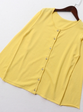 日单LY家显白洋气黄色镶钻小纽扣宽松款冰麻亲肤春秋季针织开衫