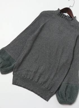 日单au荷叶边领口条纹针织衫