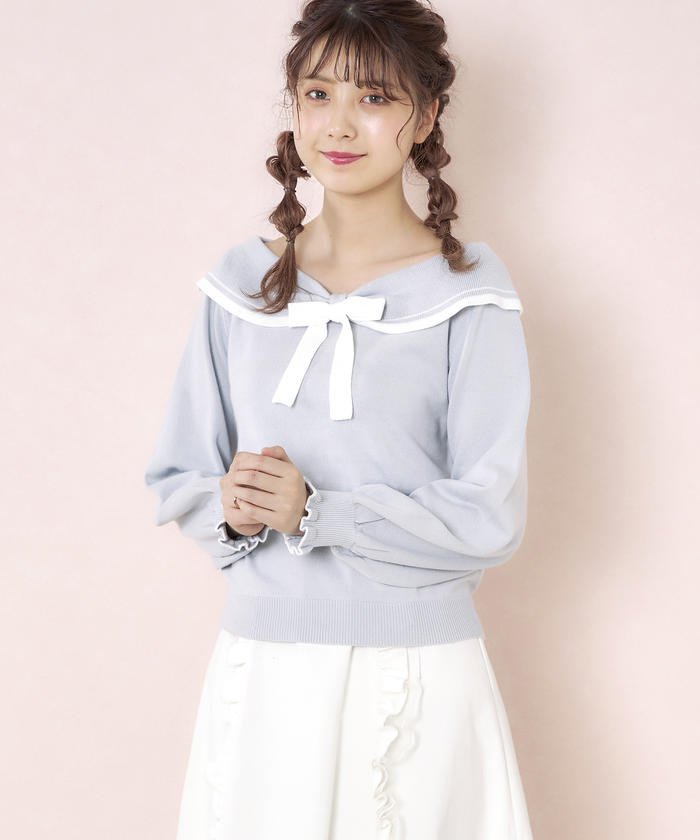 海军风翻领蝴蝶结宫廷袖针织上衣