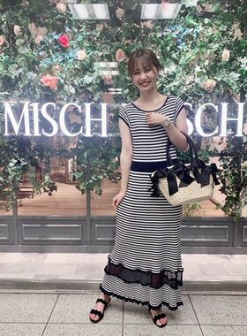 MISCH MAS*日单藏青白条纹针织连衣裙 收腰网纱下摆长款