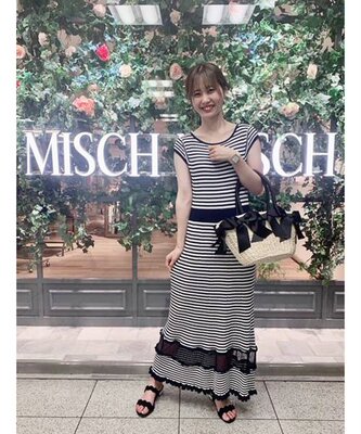 MISCH MAS*日单藏青白条纹针织连衣裙 收腰网纱下摆长款