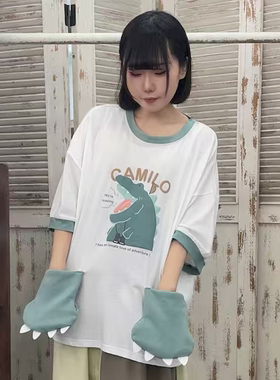 日系libi可爱恐龙假口袋短袖T恤女夏季宽松撞色圆领卡通印花