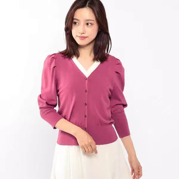  日系MM玫粉色针织开衫女 V领泡泡袖七分袖气质温柔短款上衣春秋