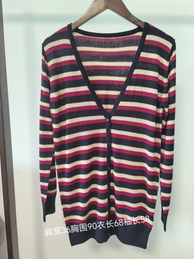 日单原单春款V领针织开衫女修身显瘦百搭上衣条纹中长款