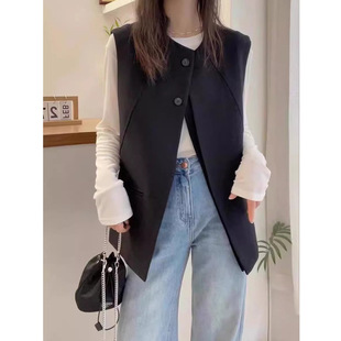 马甲女春秋2025新款欧韩货设计感小众外搭叠穿网红黑色西装马夹潮