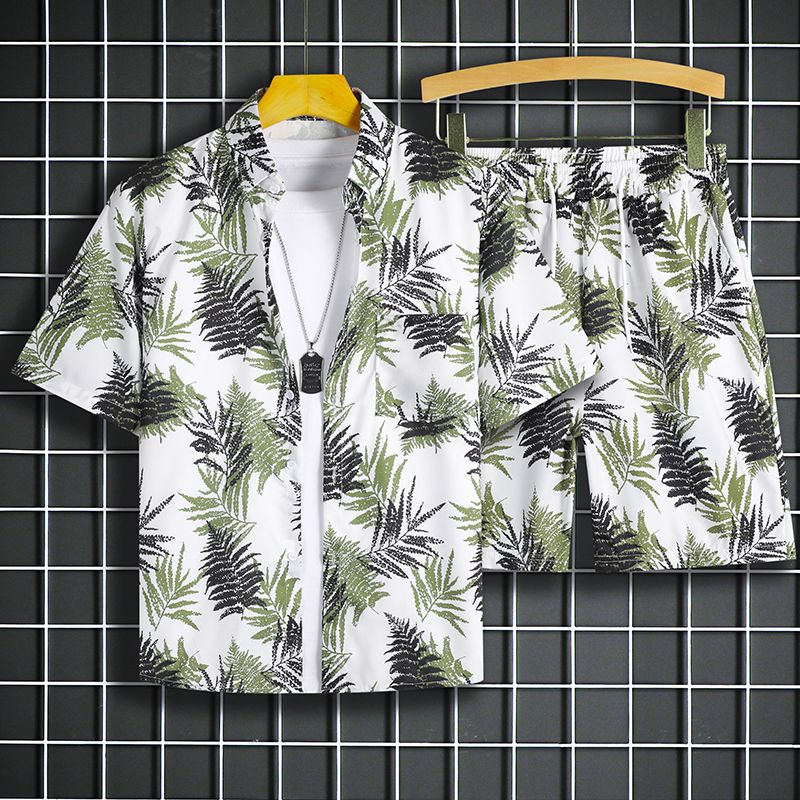 夏威夷风沙滩裤男宽松速干休闲套装短袖花衬衫五分裤情侣大码一套