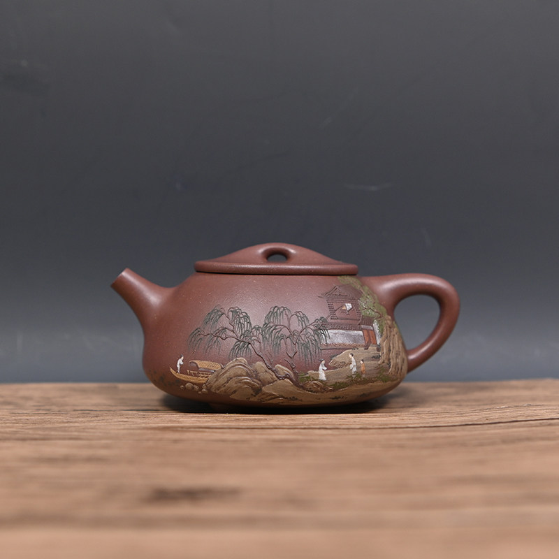 汲氏陶艺推荐研高杨卫刚全手原矿底槽清350cc泥绘景舟石瓢壶紫砂