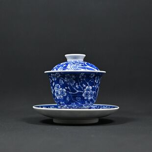汲老推荐汲窑景德镇青花手绘冰梅盖碗100cc三才盖碗茶碗瓷器茶具