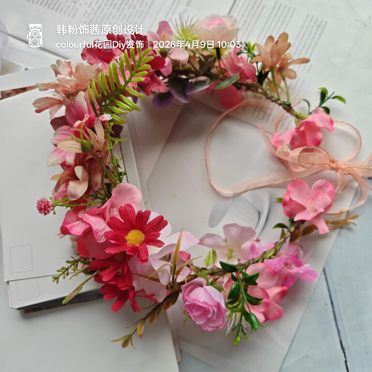 森系花环头饰红色花朵仙女公主发饰飘带簪花发箍女款儿童2026新款