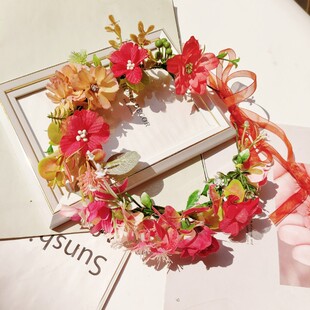 森系仿真海边花朵咖啡红色花环儿童新娘头饰花环发箍发饰