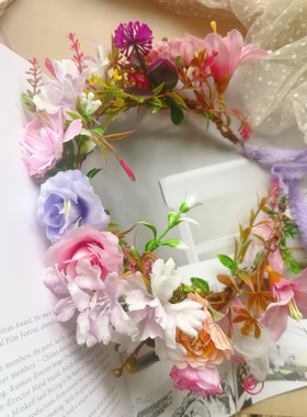 DIY新品情人节仿真玫瑰花头饰花环蜡烛花婚礼桌花烛台花环粉紫色