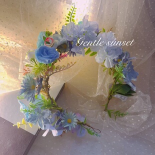 森系仿真花环新娘头饰甜美仙气唯美蓝色玫瑰绣球花朵写真拍照饰品