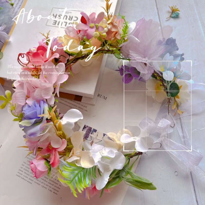 森系花朵粉蓝花色花环头饰布艺毕业季拍照道具写真头饰唯美复古