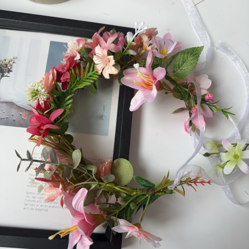 韩粉红色玫瑰花加密小雏菊仿真百合玫瑰花环花冠头饰新娘回门头饰