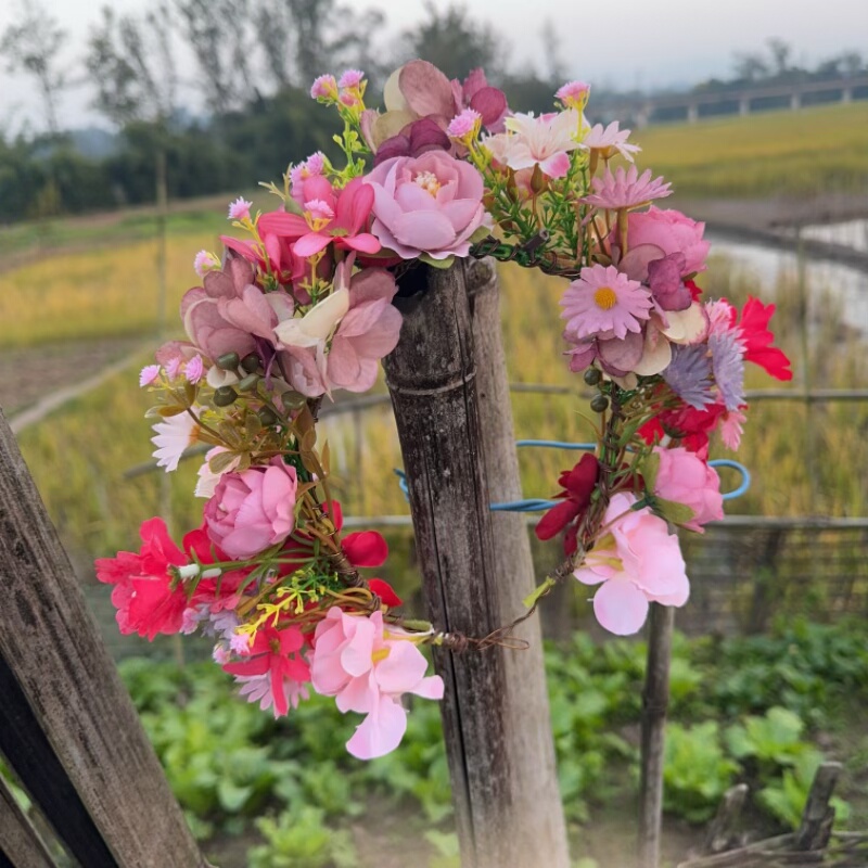 森系甜美深粉玫瑰绣球花朵发箍女圆形布艺头饰超仙写真摄影发饰