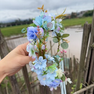 新款 仿真花莫奈花园莫奈之窗橱窗搭配绿植造景花环头饰浅蓝色绣球