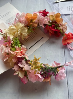 高端设计原创森系仿真花朵粉黄橙色花环头饰拍照写真仙女风发饰