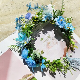 ins森系蓝色高端定制花朵头饰cos蓝色仿真绢花花环演出活动拍照