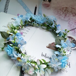 新娘仙女花环布艺花朵蓝色妖姬头饰儿童旅游摄影写真演出发饰头环