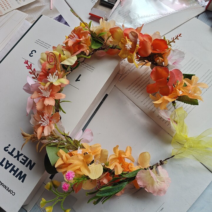 儿童森系粉橙彩色花环头饰公主编织头花超仙花朵发箍拍照道具头箍