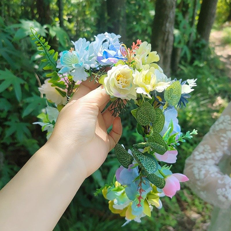 DIY新款ins森系花环头饰小清新结婚拍照写真摄影道具浅蓝绿色发箍