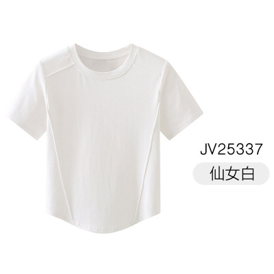 正肩鱼骨瑜伽服薄上衣打底圆领遮腹修身显瘦运动外穿短袖T恤5337