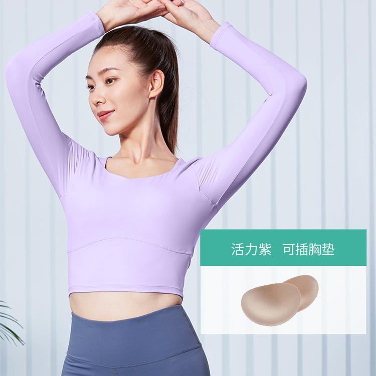 新款方领瑜伽服女长袖带胸垫健身服跑步运动普拉提上衣3527