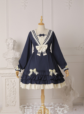 现货 草莓巫女原创设计Lolita裙海军风莱茵河op洛丽塔四季可穿