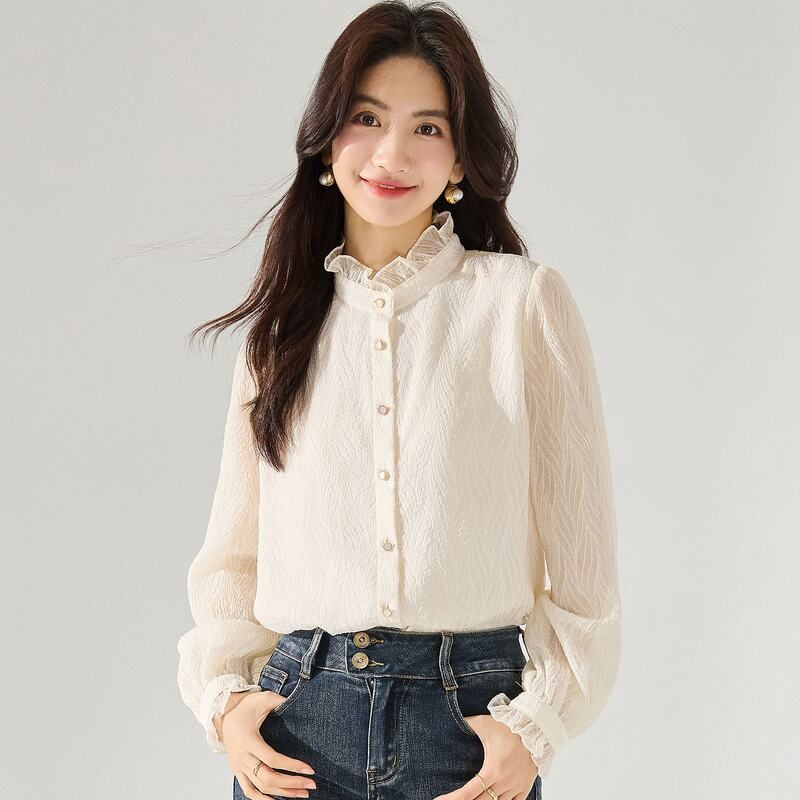 25清仓浮雕压花雪纺衬衫百搭通勤木耳边小立领甜美显瘦上衣