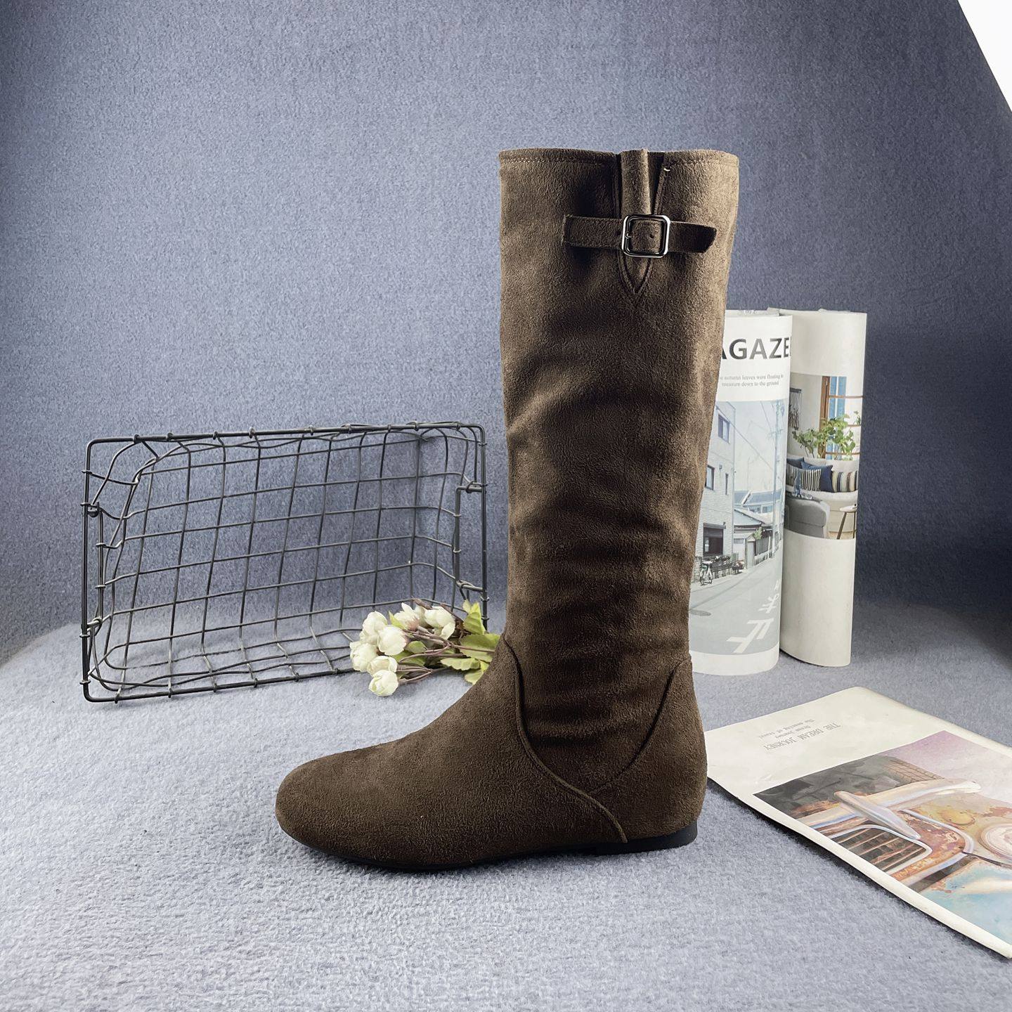 专柜断码秋冬新款圆头平底内增高套筒显瘦皮带扣褶皱堆堆长筒靴女