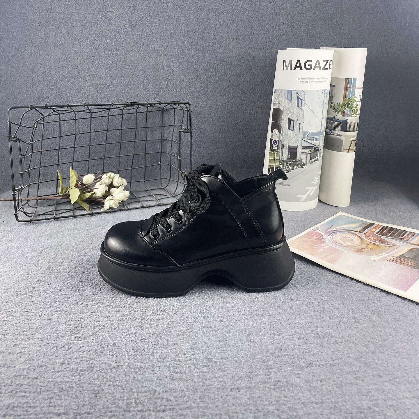 牛皮松糕厚底增高系带百搭短靴女