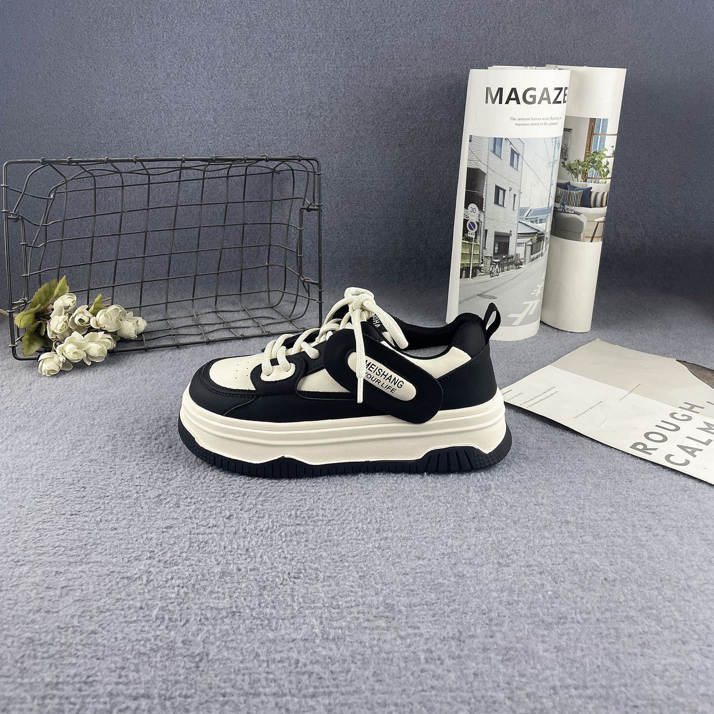 牛皮拼色增高厚底百搭休闲板鞋女