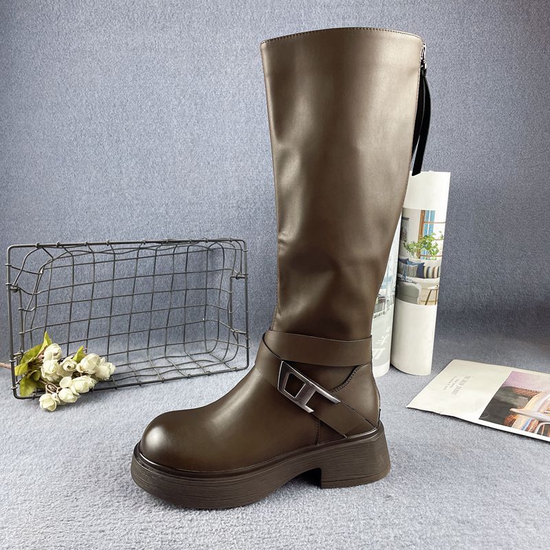 皮带扣厚底单里显瘦棕色高筒靴女