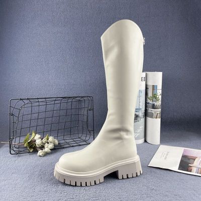 皮面纯色粗跟厚底增高显瘦骑士靴