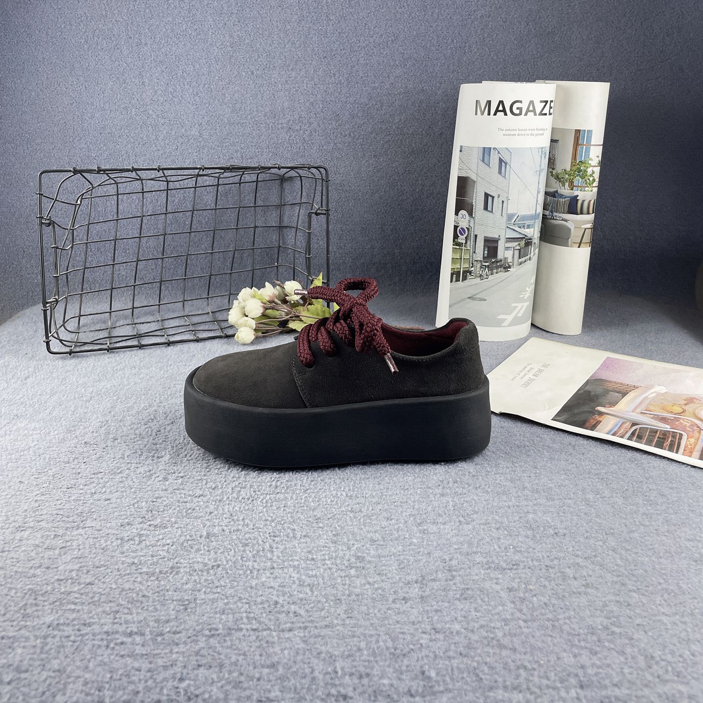 磨砂牛皮增高厚底圆头系带勃肯鞋