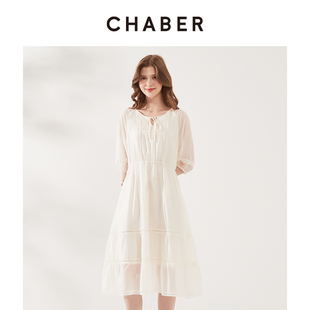 chaber巧帛夏季新款休闲仙气优雅时尚五分刺绣重工中长款连衣裙