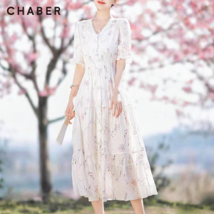 chaber巧帛夏季新品收腰雪纺显瘦V领短袖长款连衣裙832778