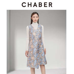 chaber巧帛冬季新品商场同款复古时尚无袖碎花连衣裙背心裙
