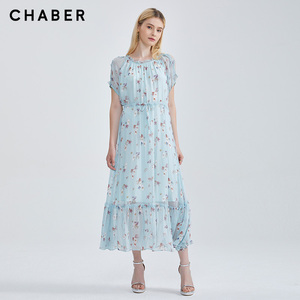 chaber/巧帛秋季新品优雅系绳收腰蕾丝镂空设计女士长款连衣裙