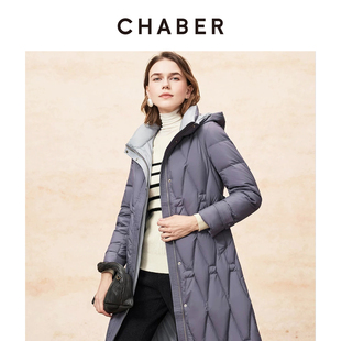 CHABER巧帛冬季新款连帽系带收腰羽绒服鸭绒保暖显瘦女中长款外套