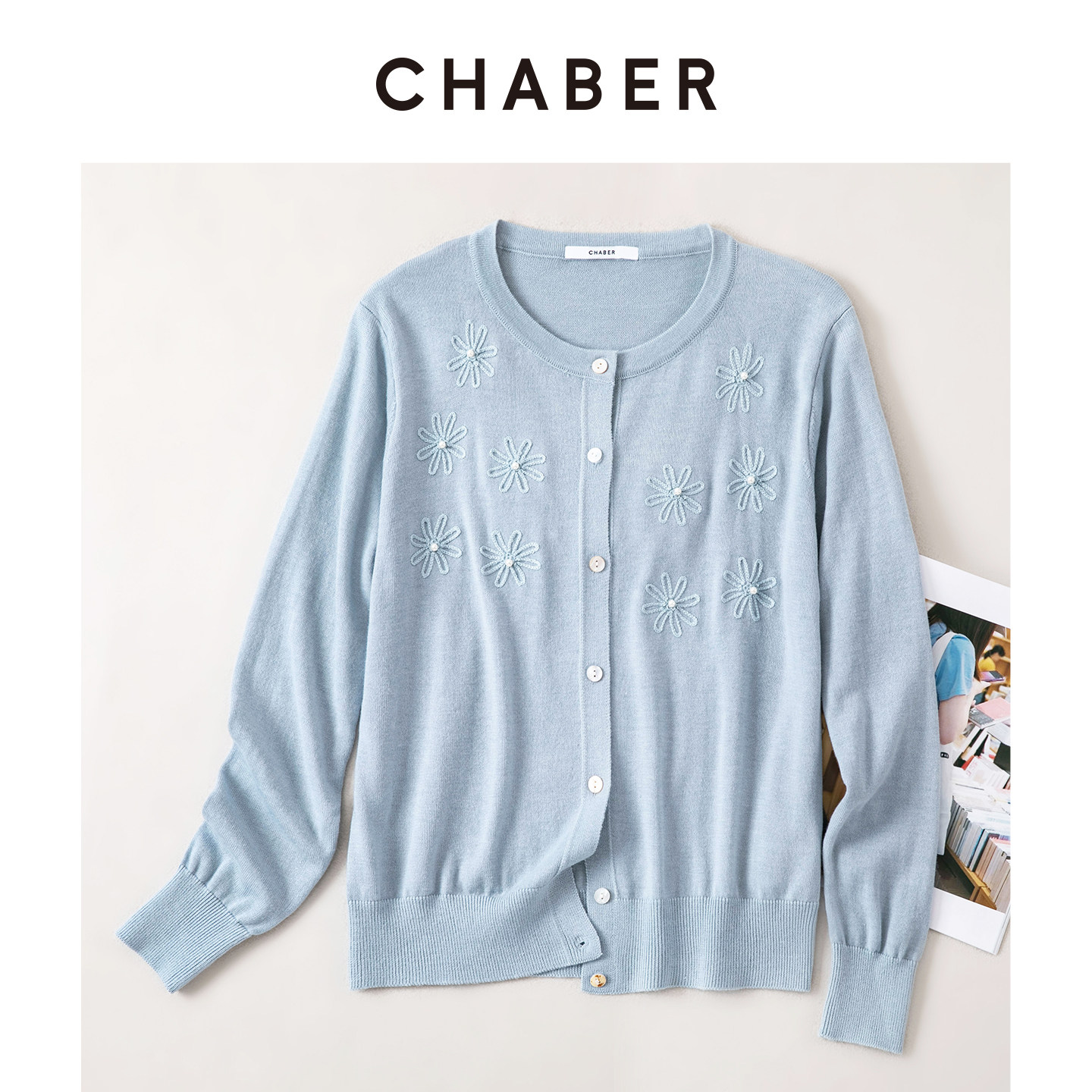 CHABER巧帛春季新品雏菊刺绣针织开衫女圆领长袖温柔风显瘦毛衣