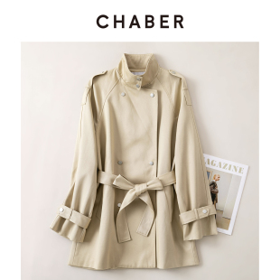 CHABER巧帛秋季新款女双排扣中长款风衣简约系带宽松西装领外套