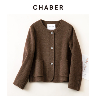CHABER巧帛冬季新款圆领短款羊毛外套优雅小香风单排扣女毛呢大衣