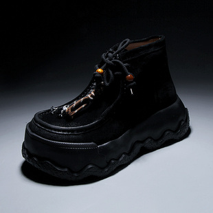 冬季 鞋 新款 真皮高帮工装 潮 复古方头流苏松糕鞋 欧洲站厚底短靴男士